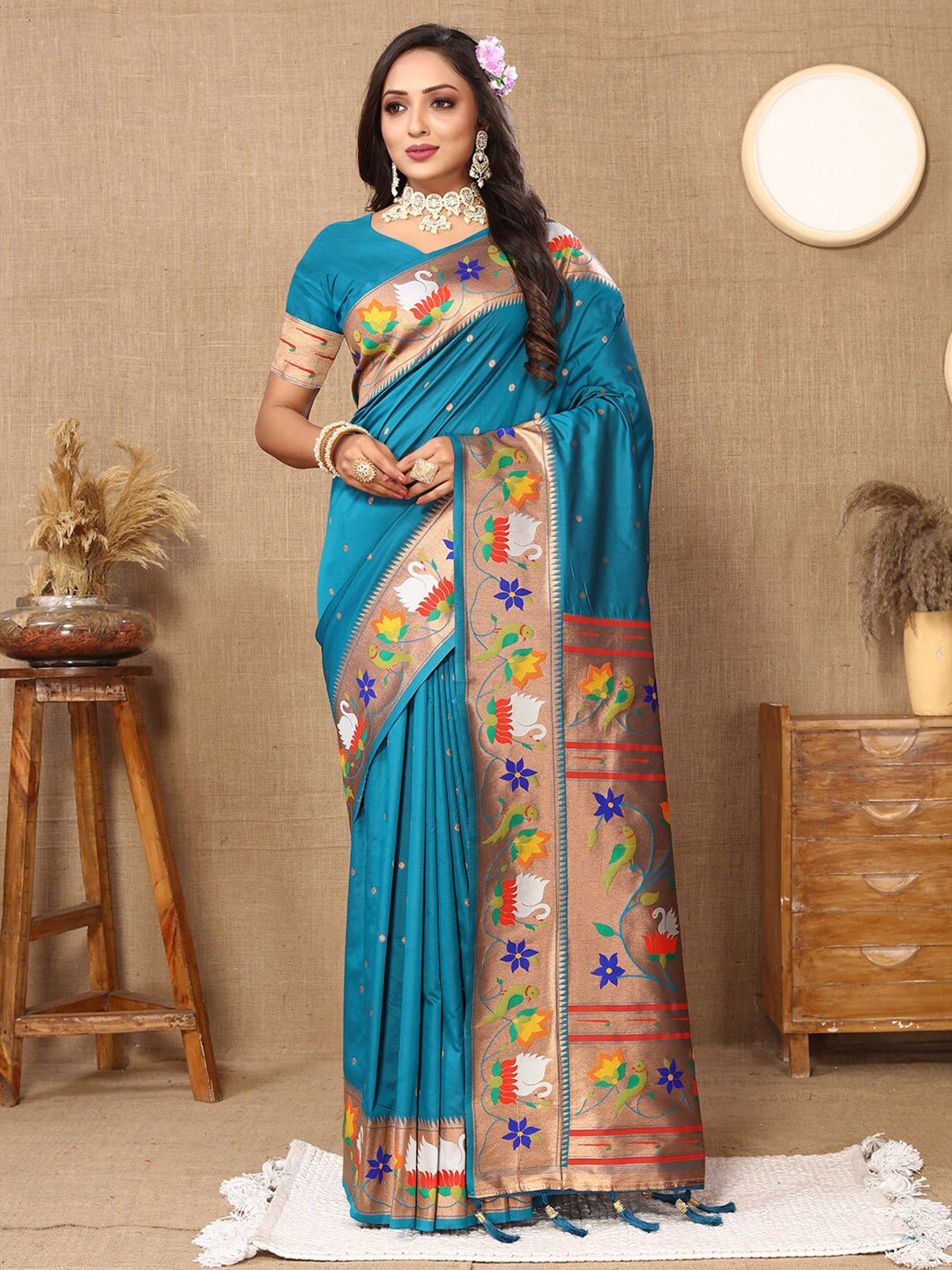 

Lookslady Floral Woven Design Zari Art Silk Paithani Saree, Turquoise blue