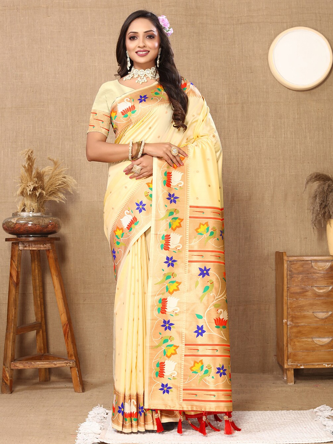 

Lookslady Floral Woven Design Zari Art Silk Paithani Saree, Yellow