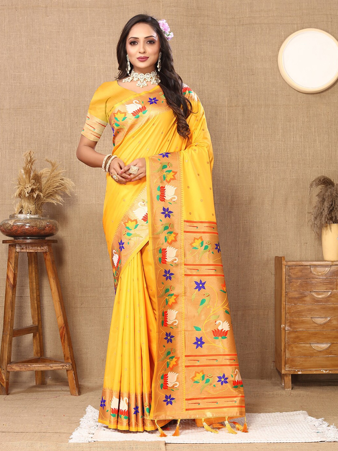 Lookslady Ethnic Woven Design Zari Art Silk Paithani Saree, Yellow