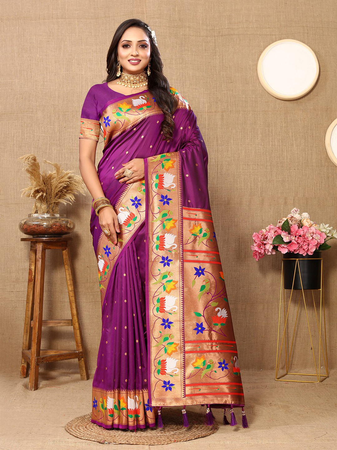 

Lookslady Floral Woven Design Zari Art Silk Paithani Saree, Purple