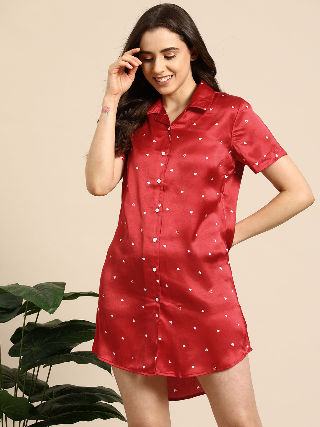 

Mast & Harbour Conversational Printed Satin Shirt Nightdress, Red