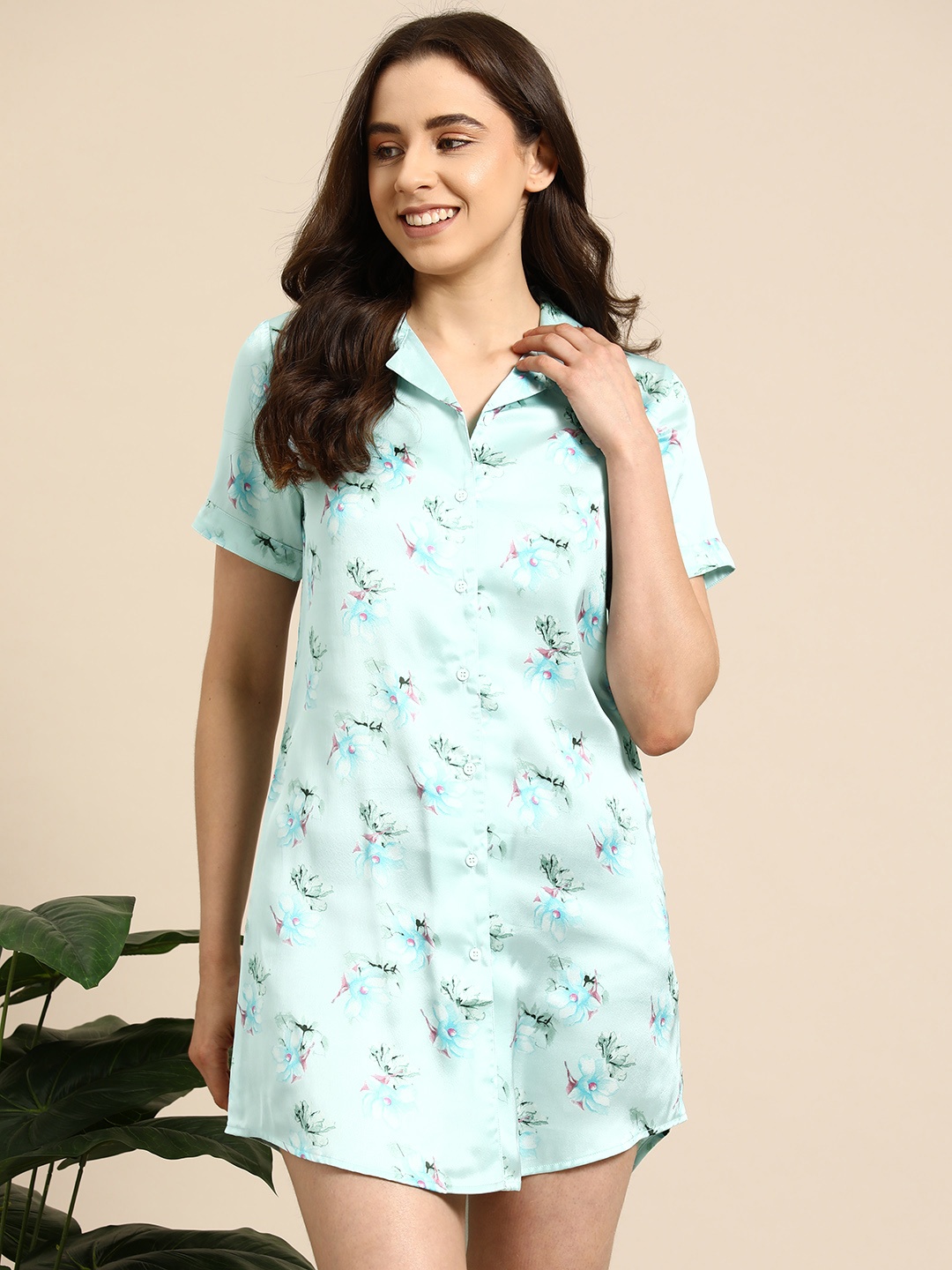 

Mast & Harbour Floral Printed Satin Shirt Nightdress, Blue
