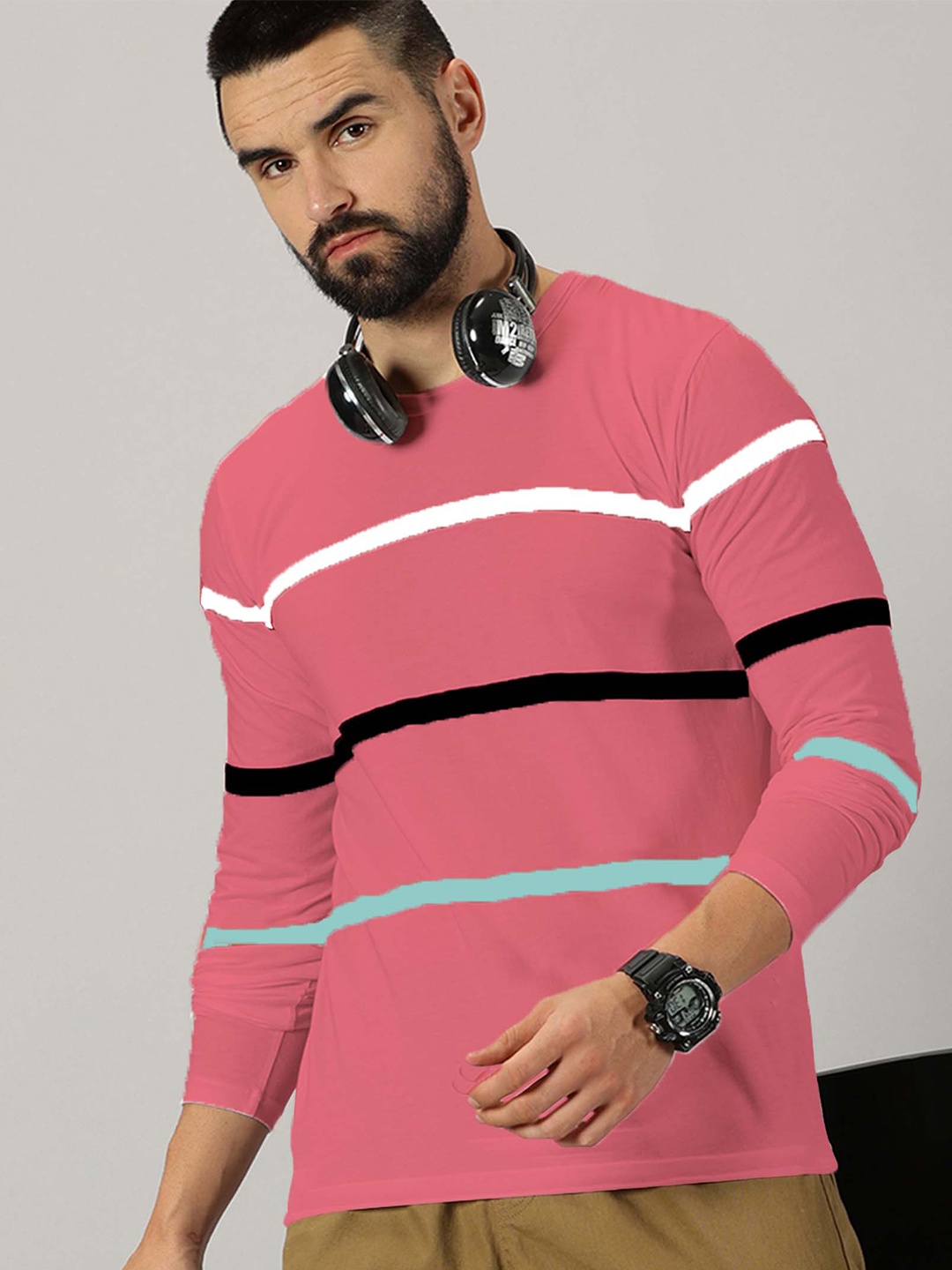 

AUSK Striped Round Neck Long Sleeves Regular T-shirt, Peach