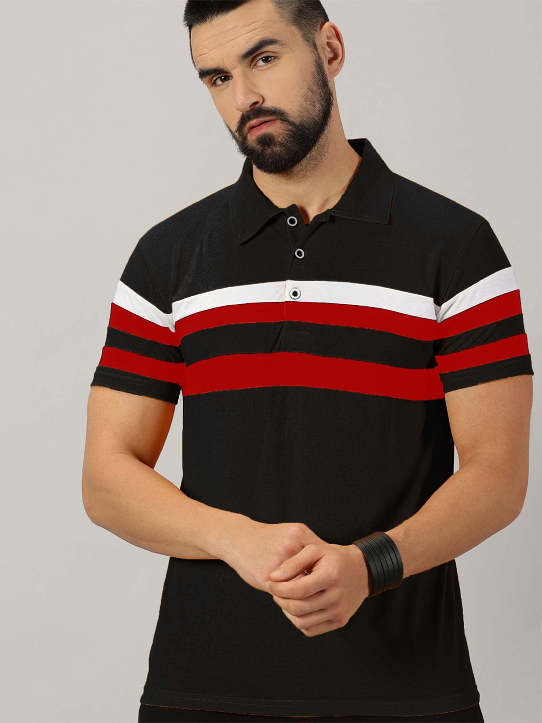 

AUSK Striped Polo Collar T-shirt, Black