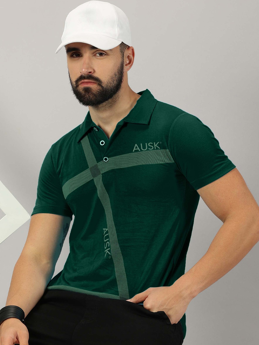 AUSK Brand Logo Printed Polo Collar Short Sleeves Regular T-shirt, Green