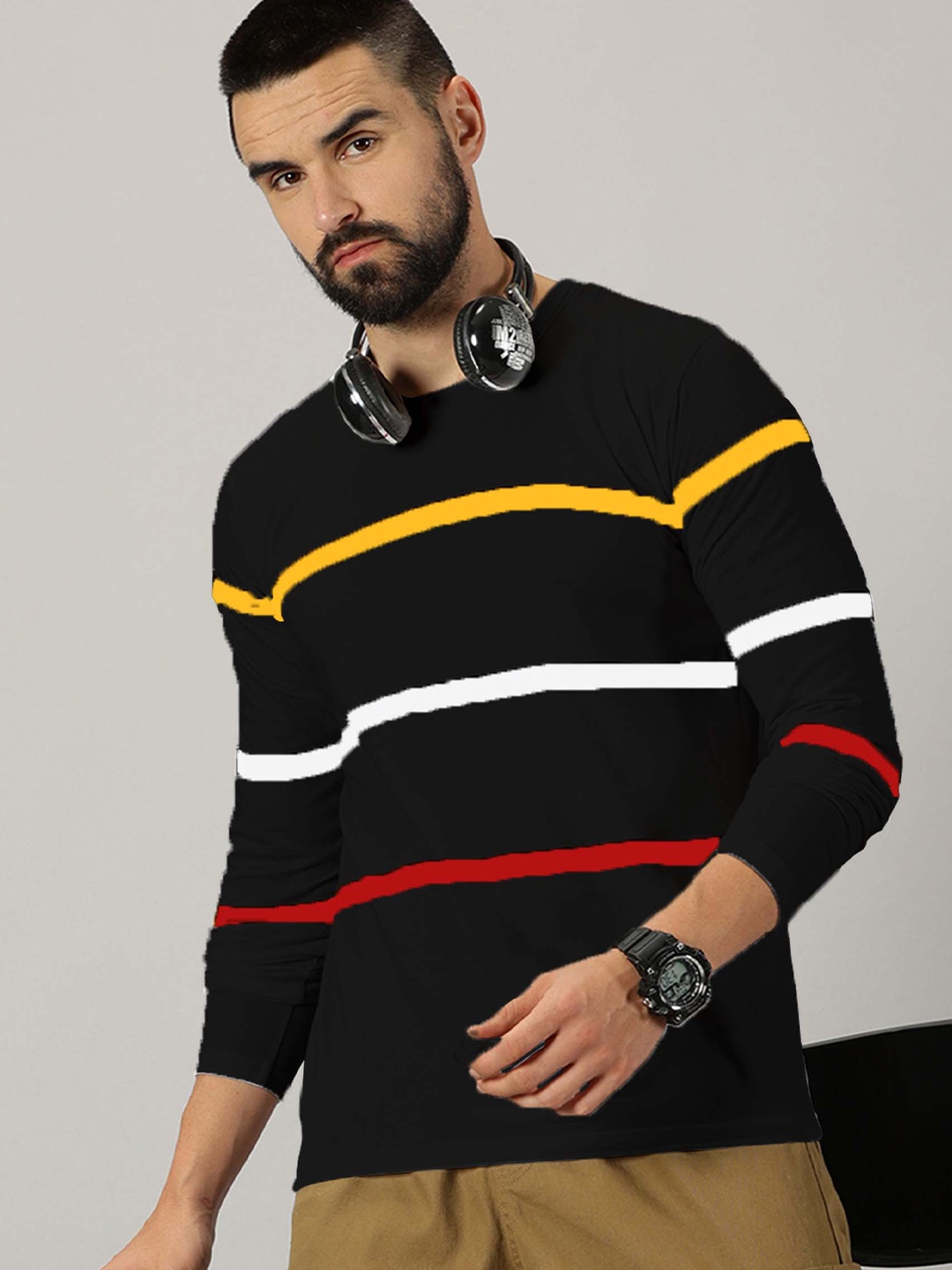 

AUSK Striped Round Neck Long Sleeves Regular T-shirt, Black