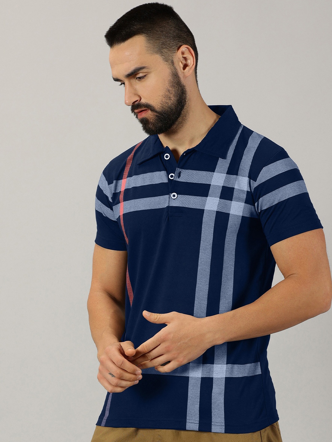 

AUSK Checked Polo Collar Short Sleeves Regular T-shirt, Navy blue