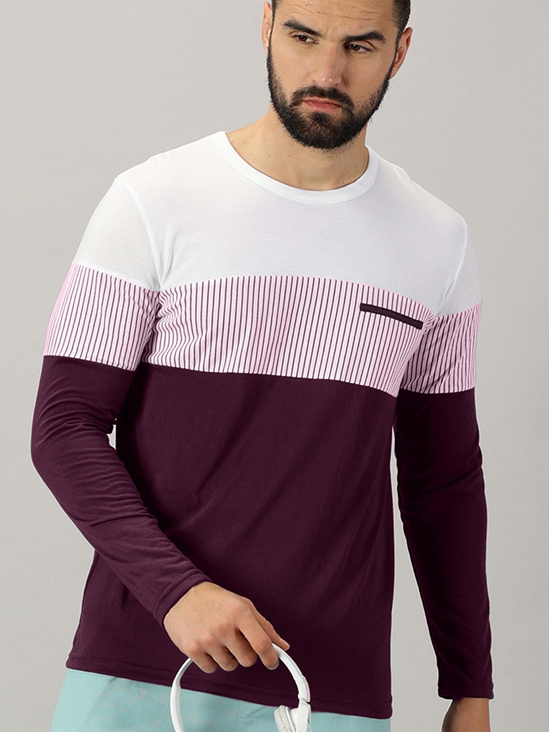 

AUSK Colourblocked Round Neck Long Sleeves Regular T-shirt, Purple