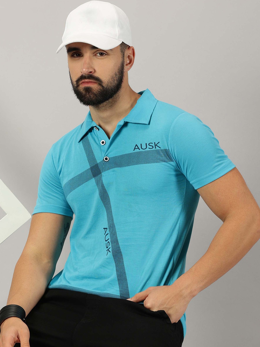 

AUSK Brand Logo Printed Polo Collar Short Sleeves Regular T-shirt, Turquoise blue