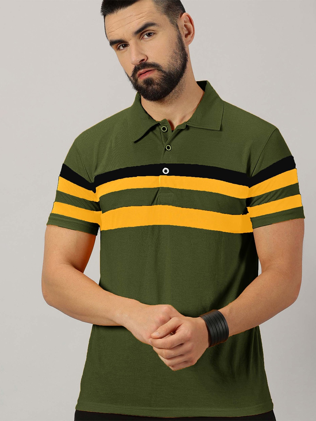 AUSK Striped Polo Collar Short Sleeves Regular T-shirt, Olive