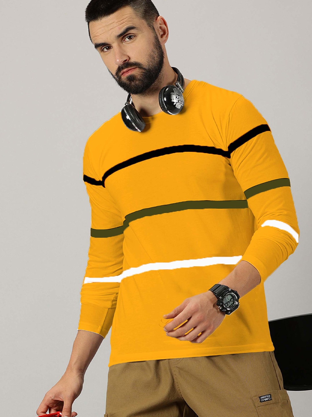 

AUSK Striped Round Neck Long Sleeves Regular T-shirt, Mustard