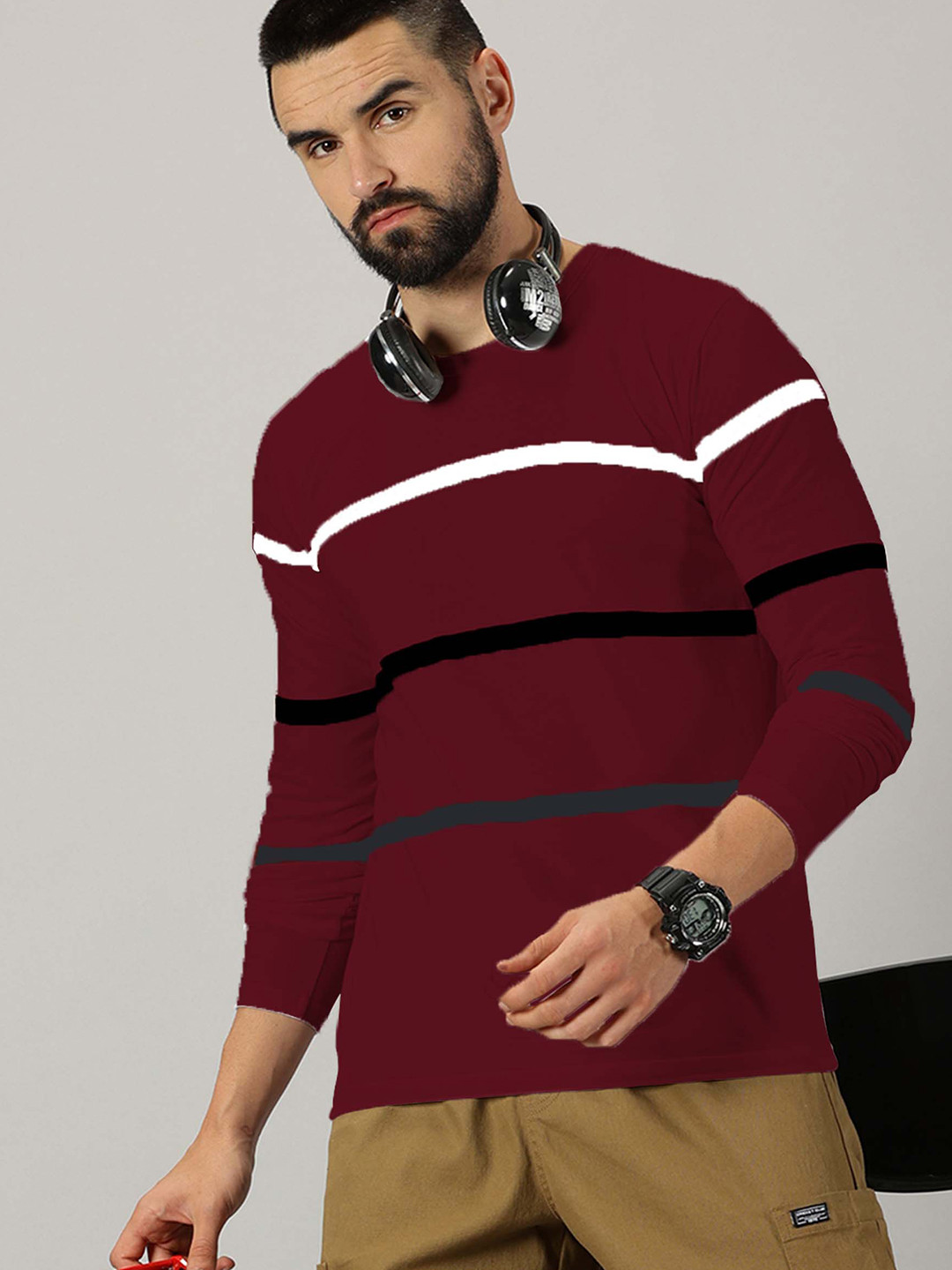 

AUSK Striped Round Neck Long Sleeves Regular T-shirt, Maroon