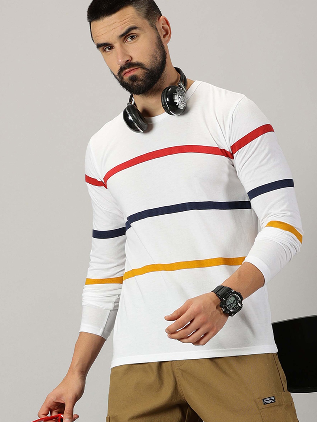 

AUSK Striped Round Neck Long Sleeves Regular T-shirt, White