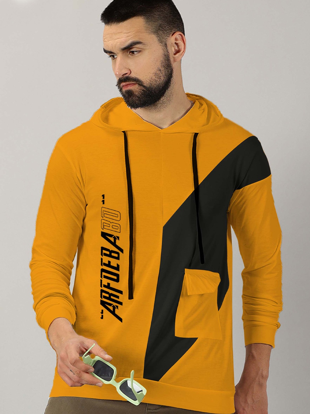 AUSK Typography Printed Long Sleeves Hooded Tshirt, Mustard