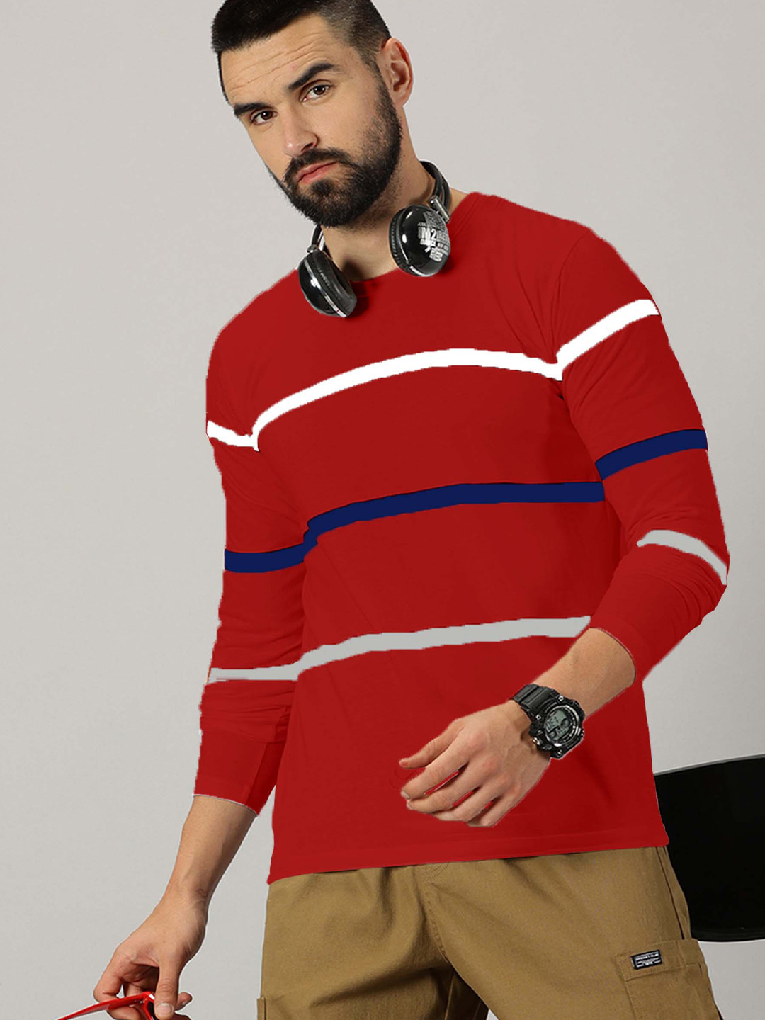 

AUSK Striped Round Neck Long Sleeves Regular T-shirt, Red