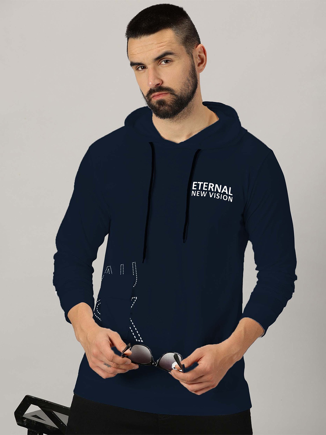 

AUSK Typography Printed Hooded Long Sleeves Pockets Regular T-shirt, Navy blue