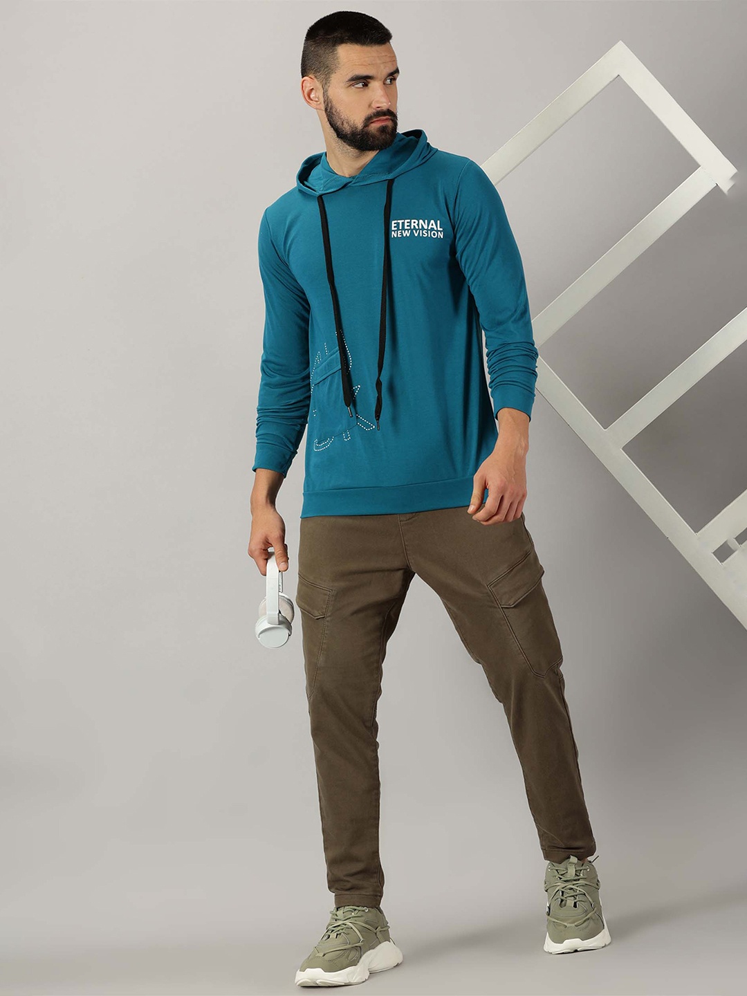 

AUSK Typography Printed Long Sleeves Hooded Tshirt, Teal
