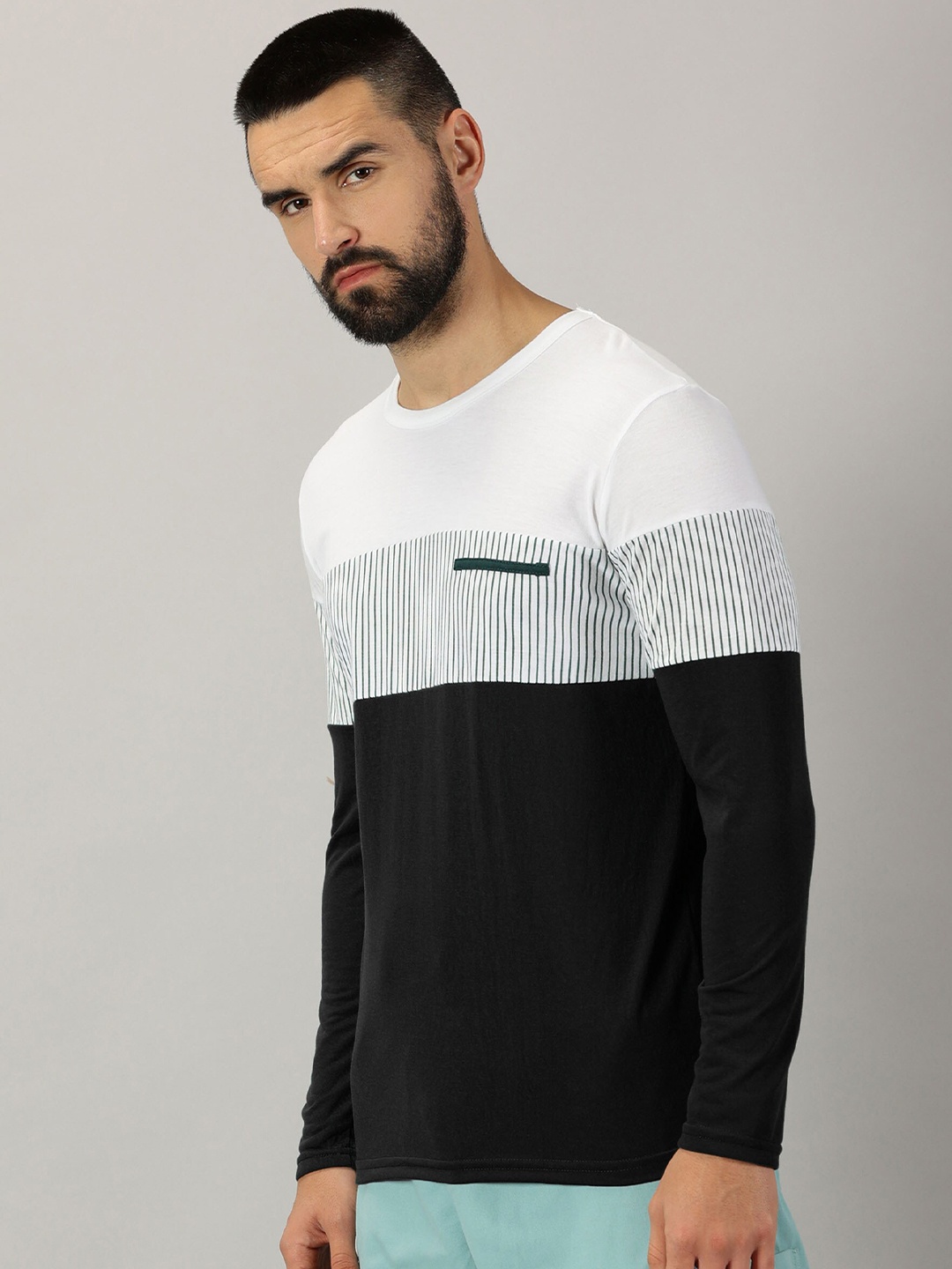 AUSK Colourblocked Round Neck Long Sleeves Regular T-shirt, Black