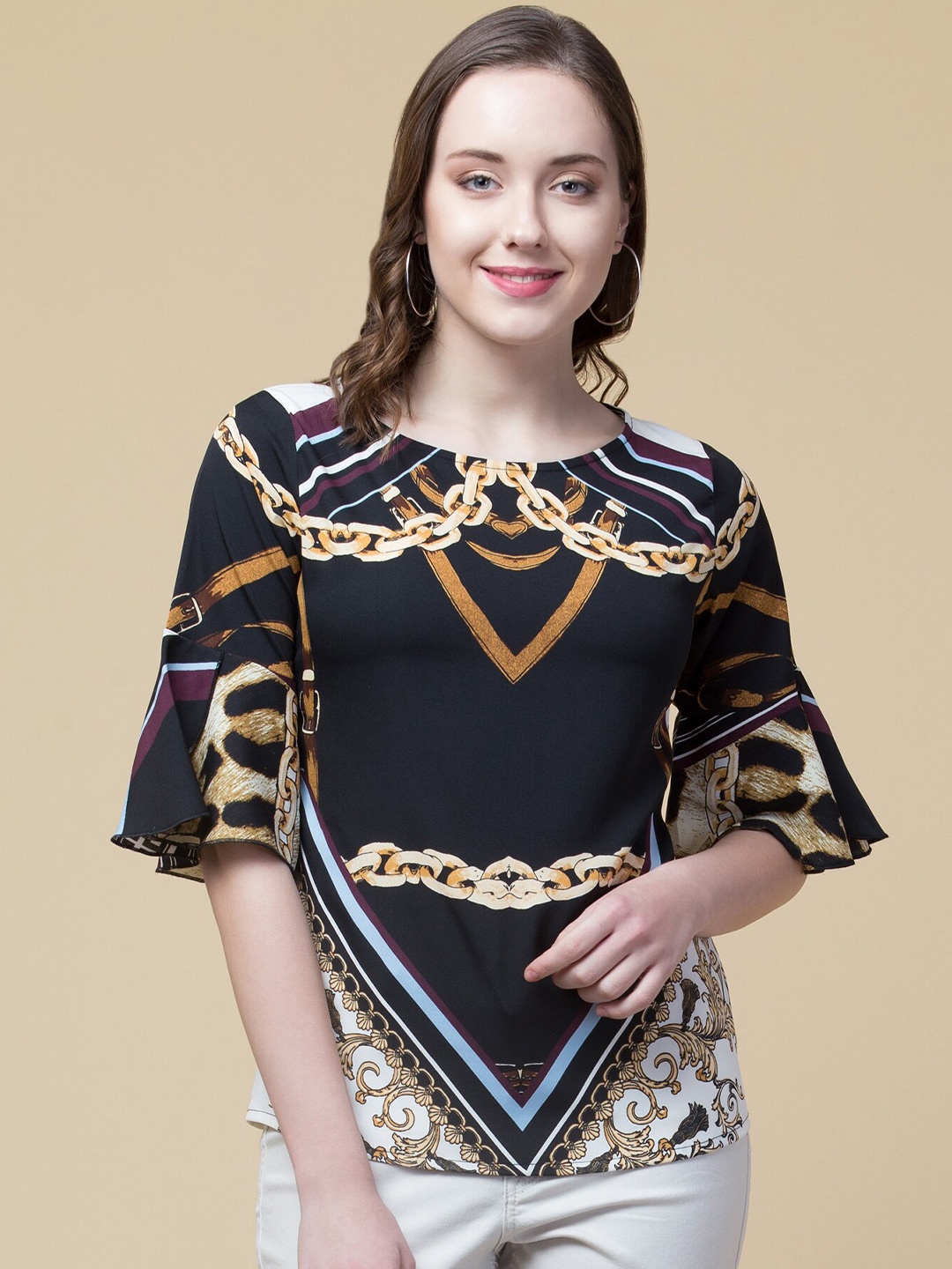 

Hive91 Abstract Print Bell Sleeves Crepe Top, Black