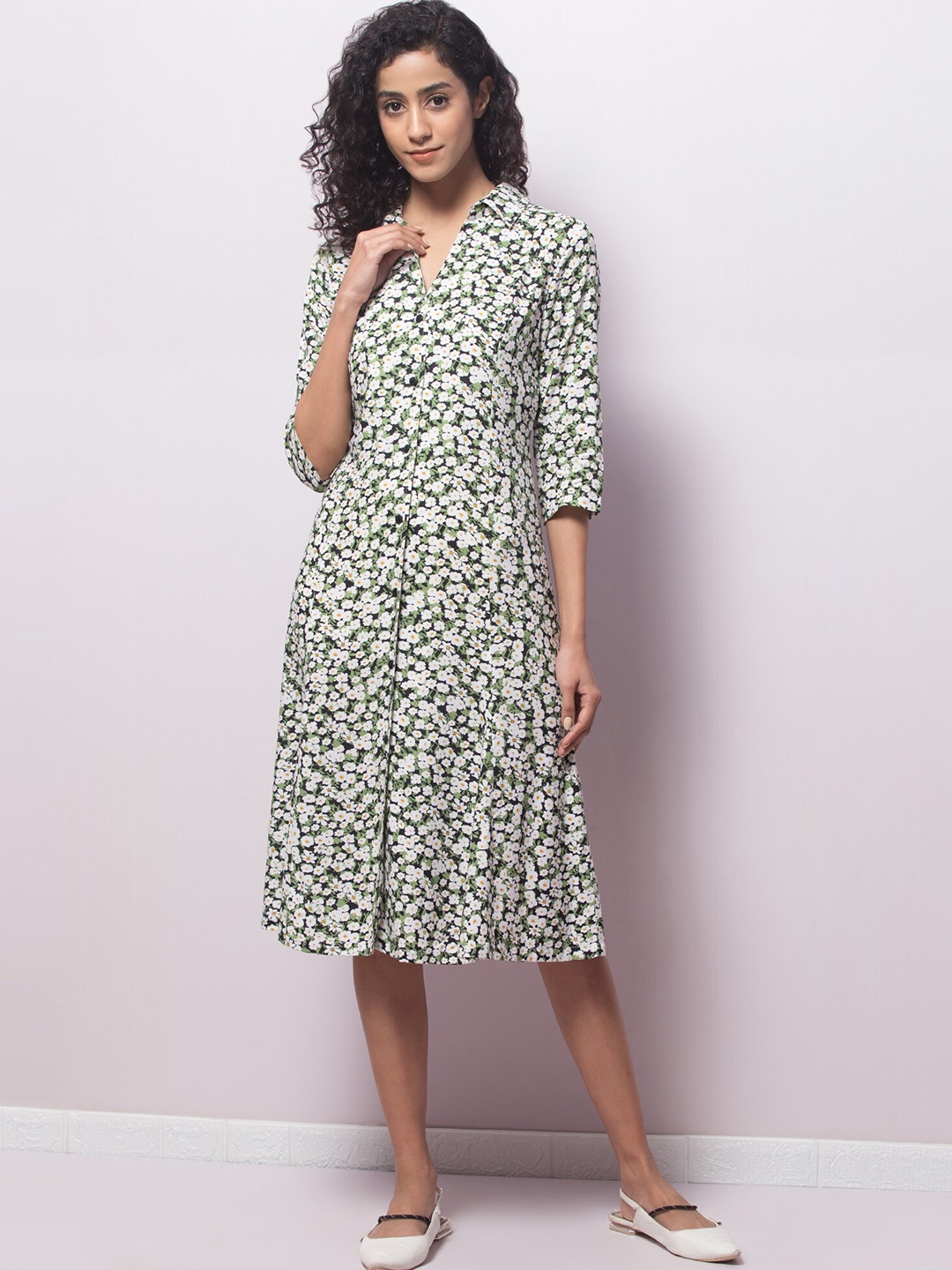 

Hive91 Floral Printed A-Line Midi Dress, Green