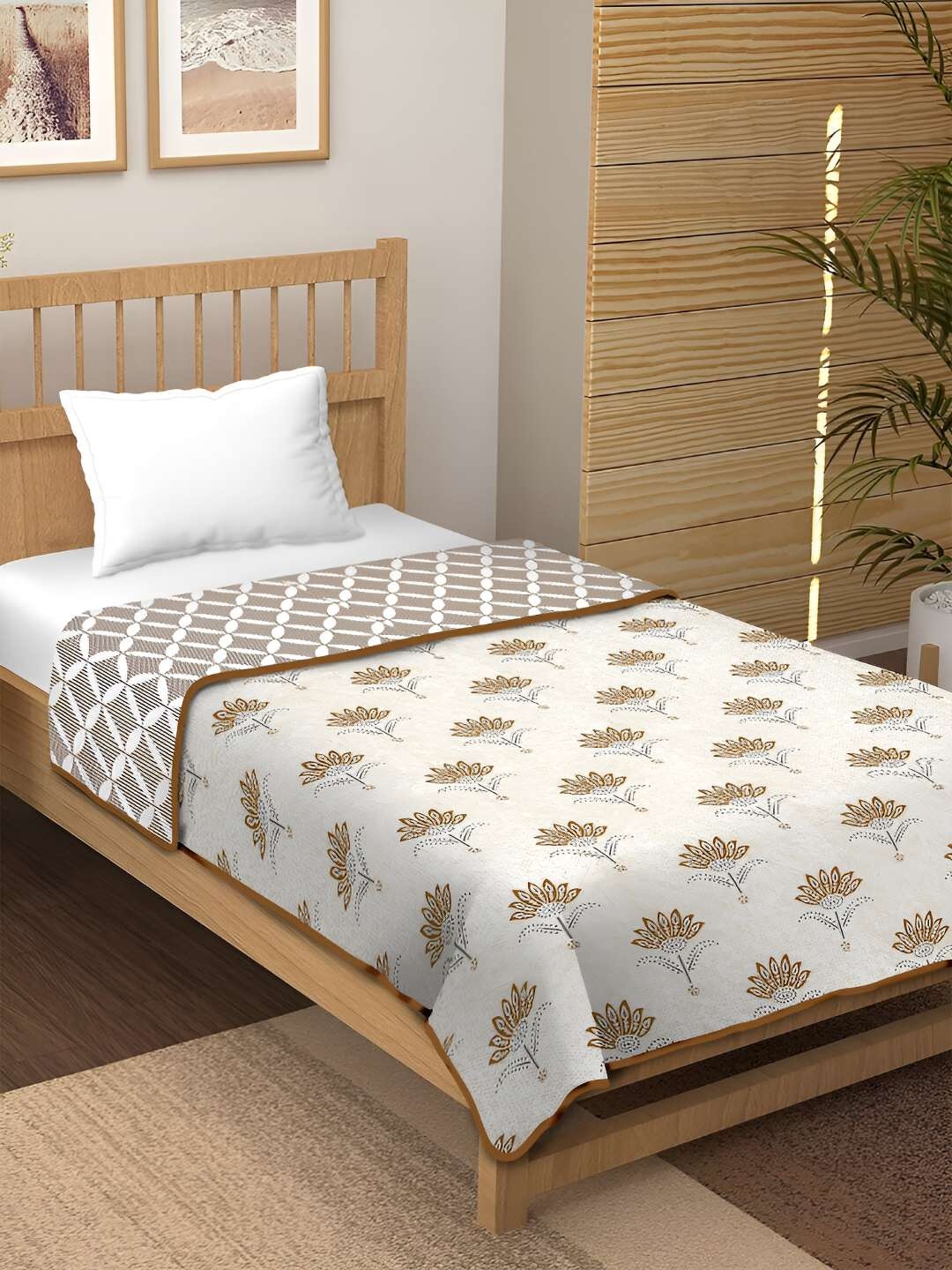 

tundwal's Brown & Beige Floral Printed AC Room Cotton 210 GSM Single Bed Dohar