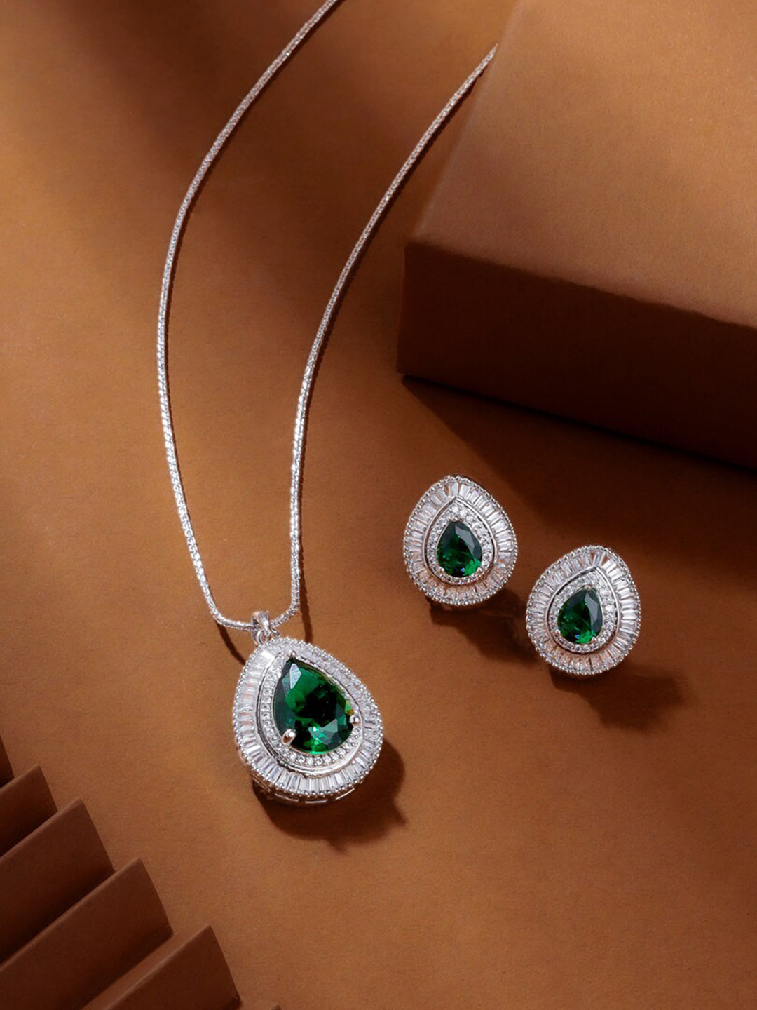 

THE AAB STUDIO Rhodium-Plated American Diamond Studded Jewellery Set, Silver
