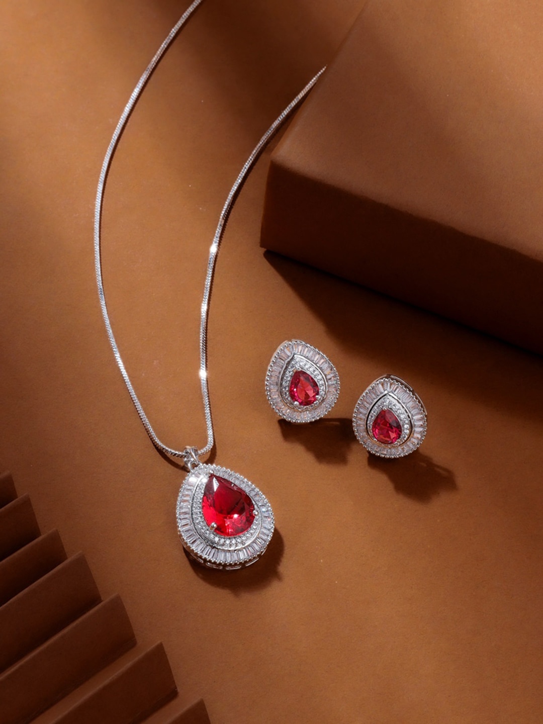 THE AAB STUDIO Rhodium Plated & American Diamond Studded Jewellery Set, Silver