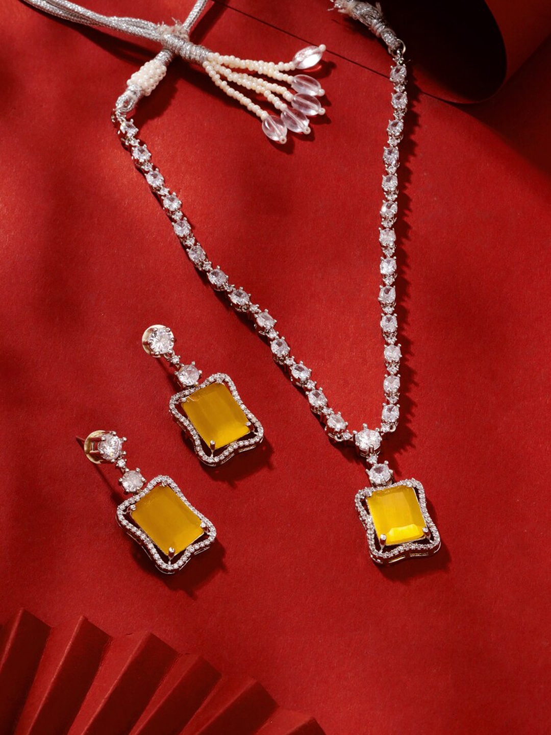 

THE AAB STUDIO Rhodium-Plated American Diamond Studded Jewellery Set, Yellow