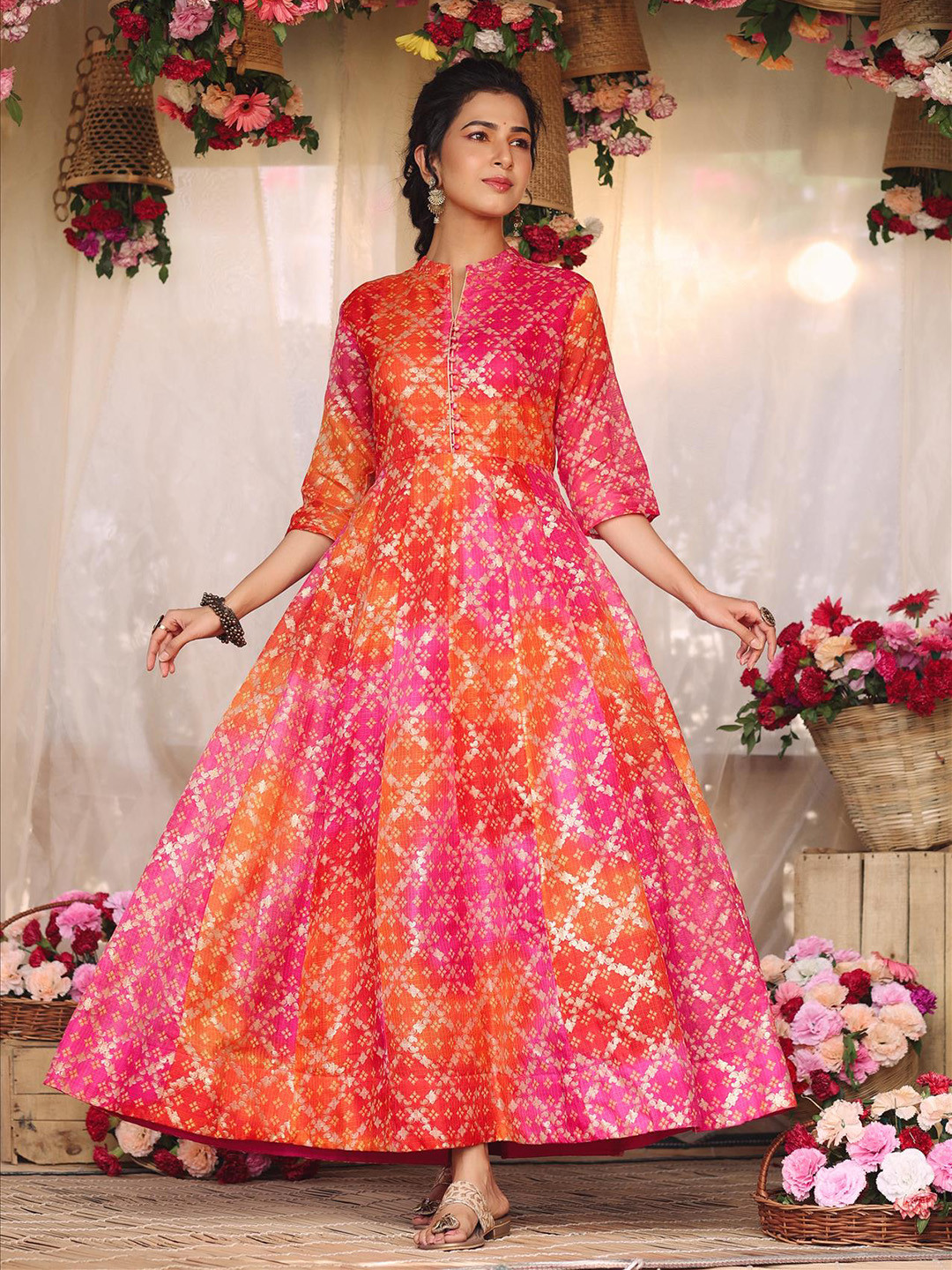 

SCAKHI Printed Mandarin Collar Cotton Silk Fit & Flared Maxi Ethnic Dresses, Pink