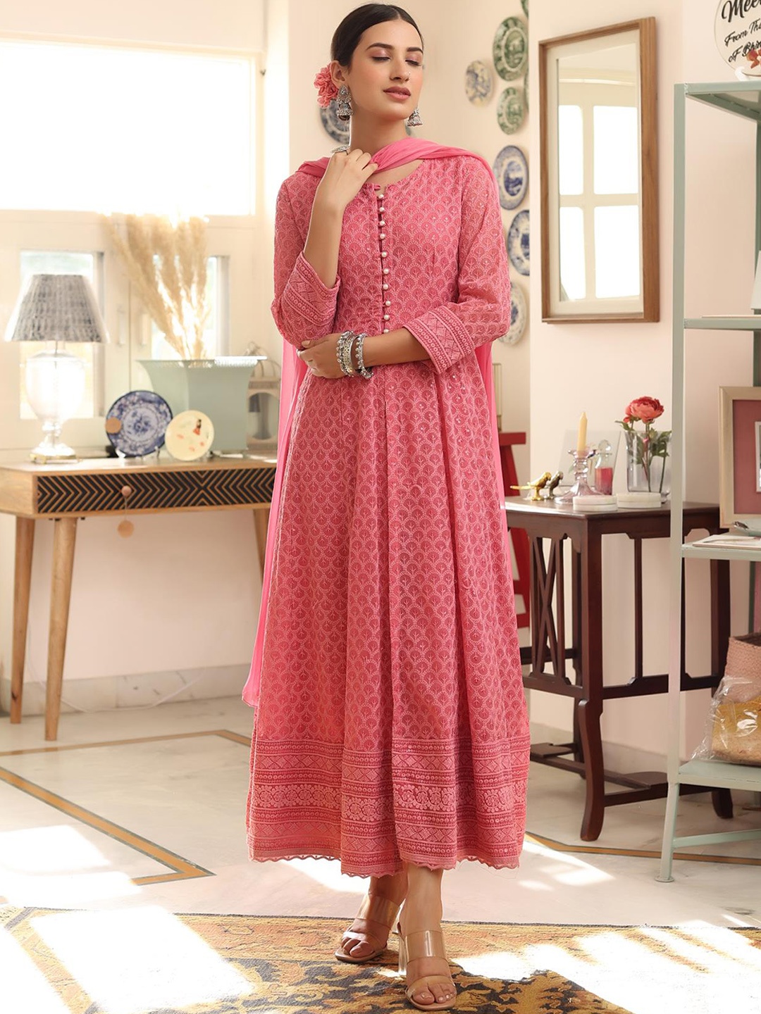 

SCAKHI Floral Embroidered Empire Chikankari Kurta with Trousers & With Dupatta, Pink