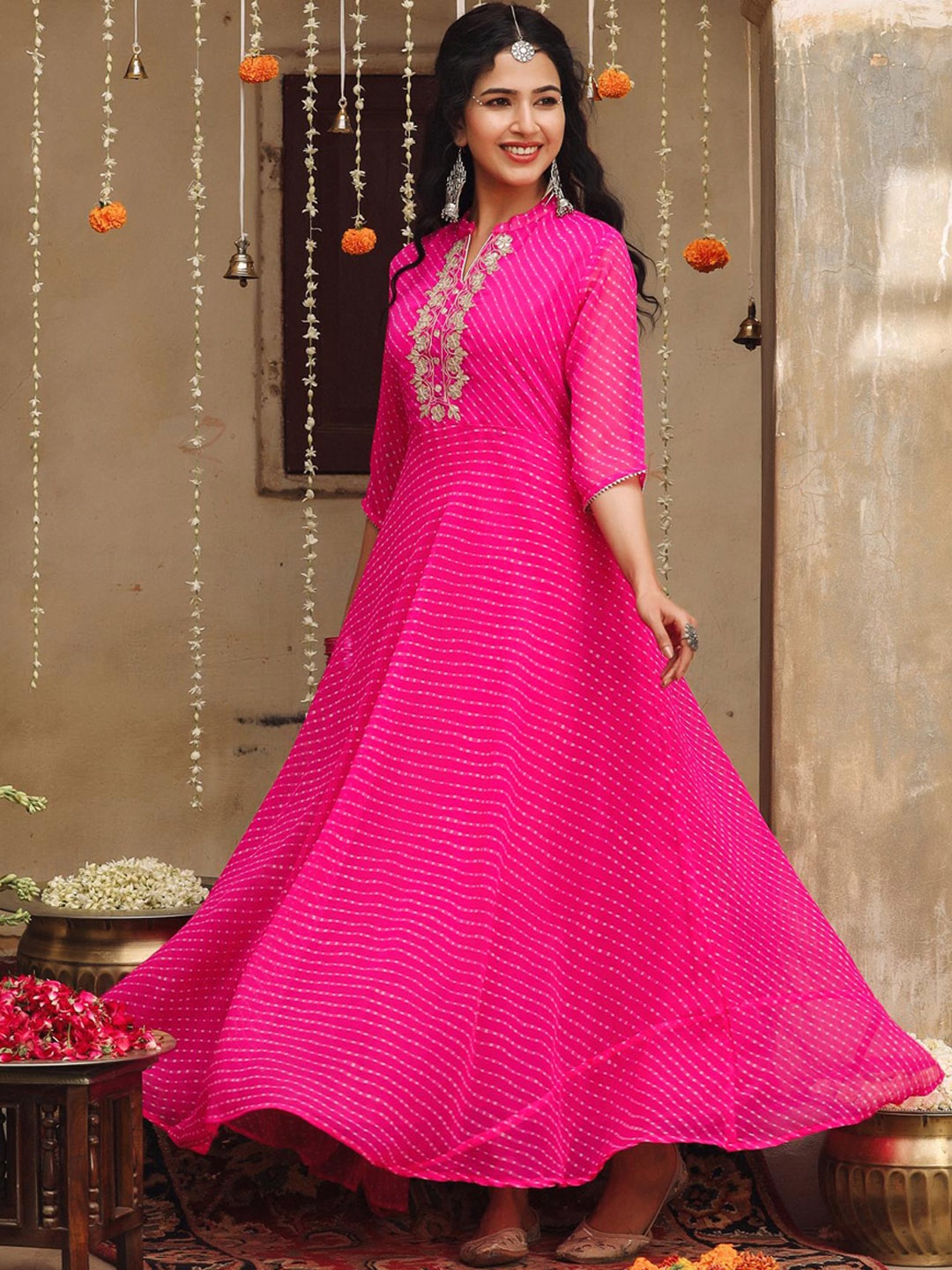 

SCAKHI Leheriya Printed Mandarin Collar Georgette Anarkali Maxi Ethnic Dress, Pink