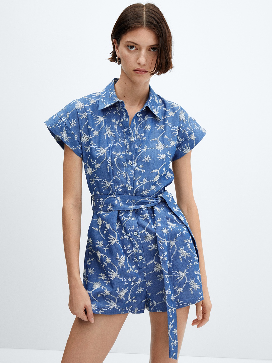 

MANGO Embroidered Playsuit with Belt, Blue
