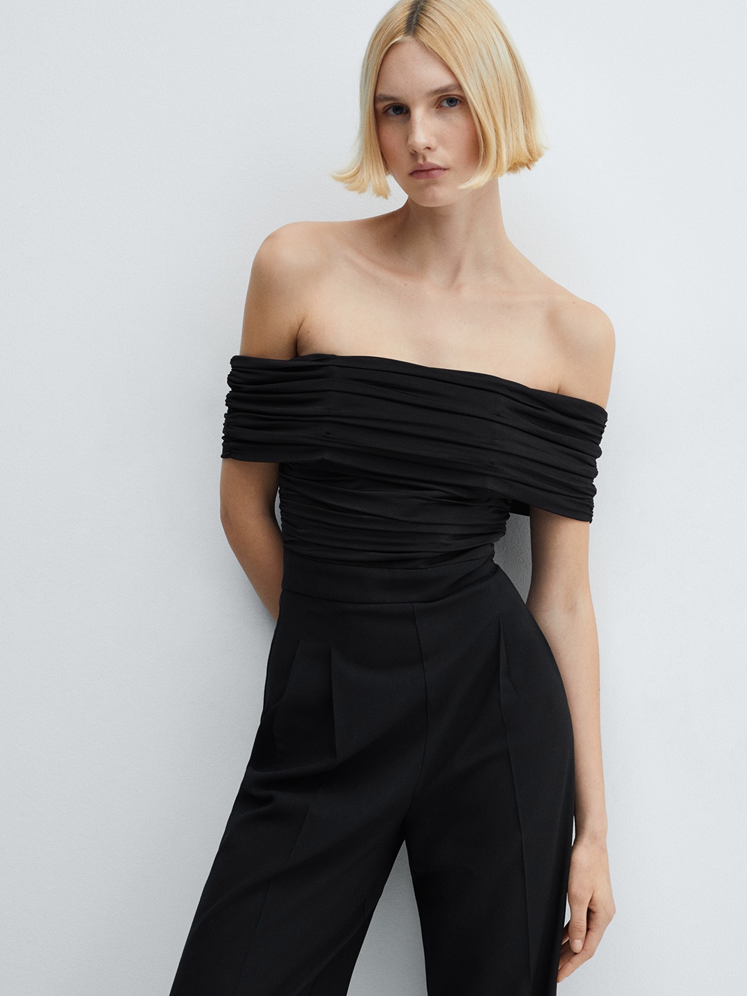 

MANGO Off-Shoulder Jumpsuit, Black