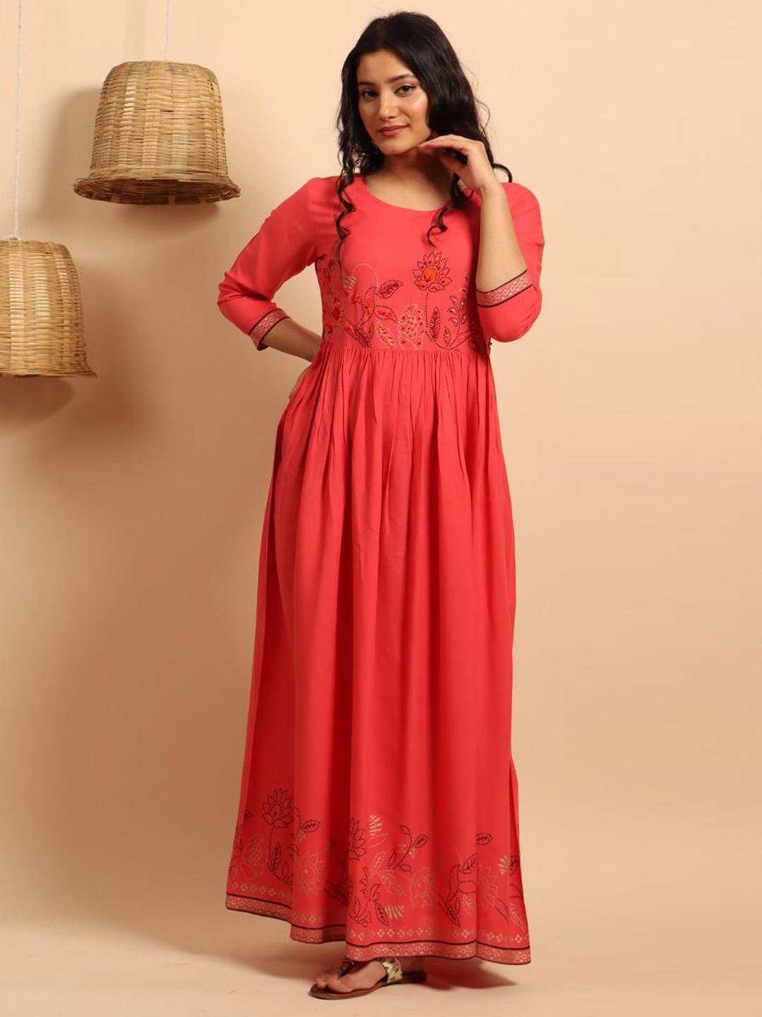 

Peachmode Embroidered Fit & Flared Ethnic Maxi Dress, Pink