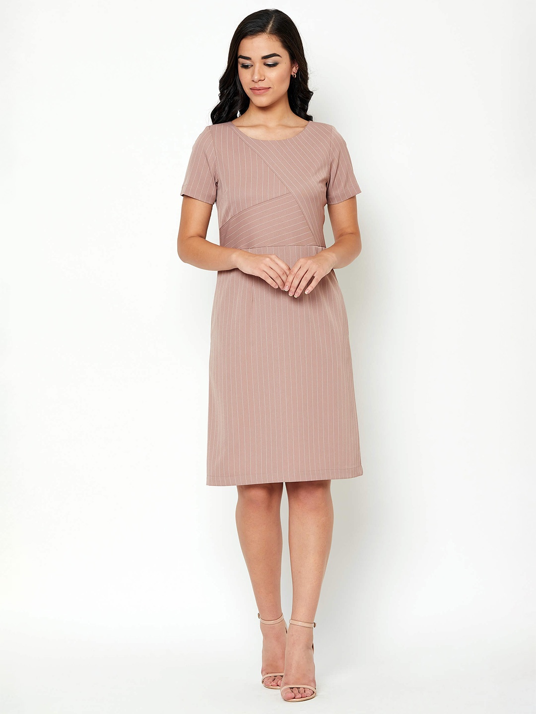 

SALT ATTIRE Striped Round Neck A-Line Dress, Pink