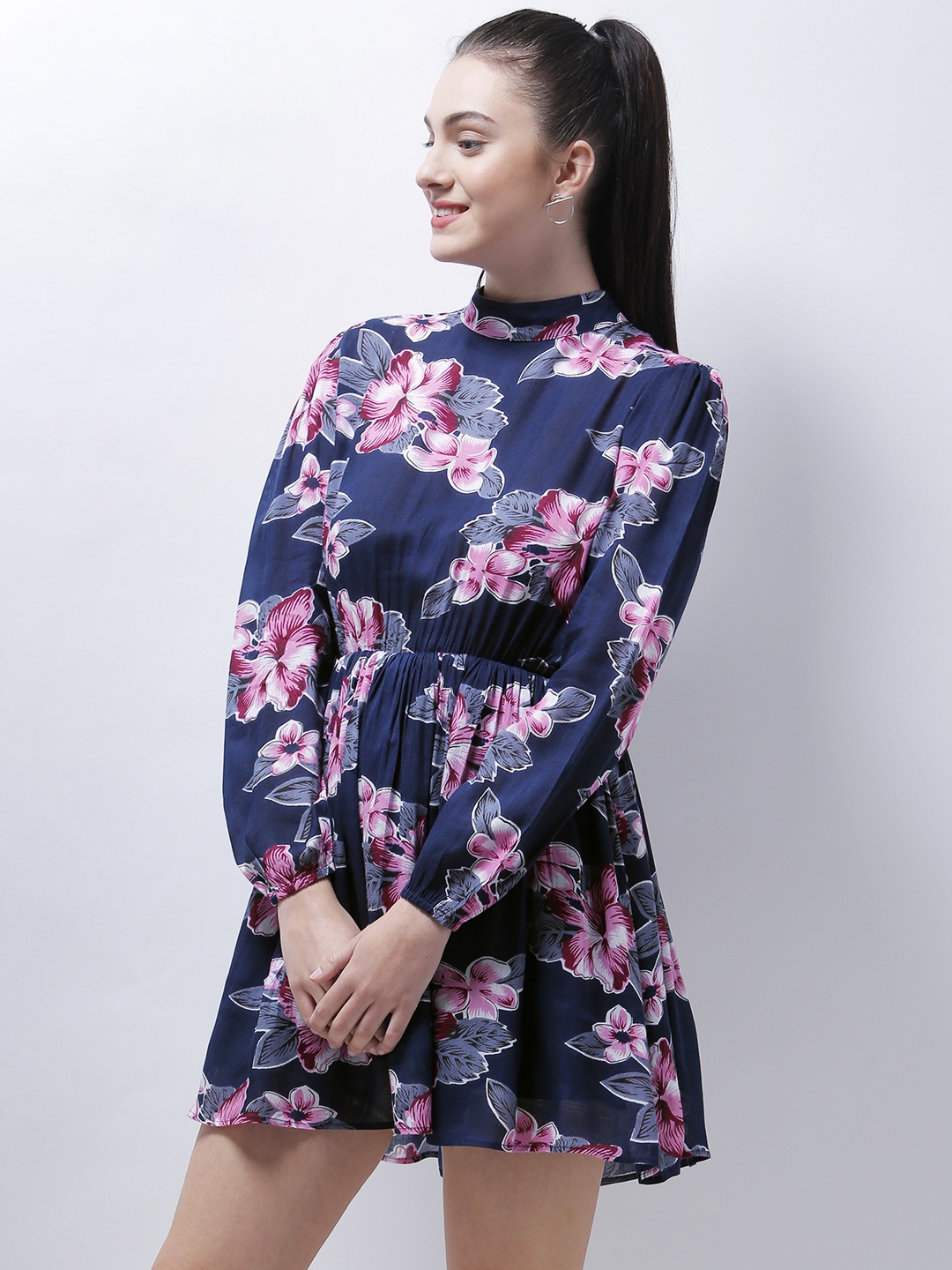 

Zastraa Women Navy Blue Printed Fit and Flare Dress