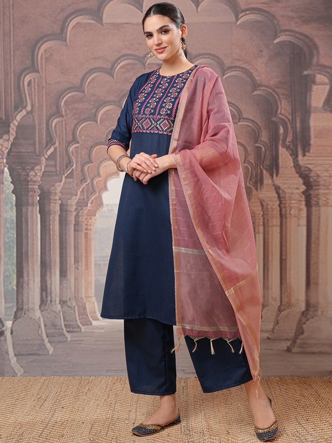 

Vishudh Embroidered Regular Thread Work Kurta with Palazzos & With Dupatta, Teal