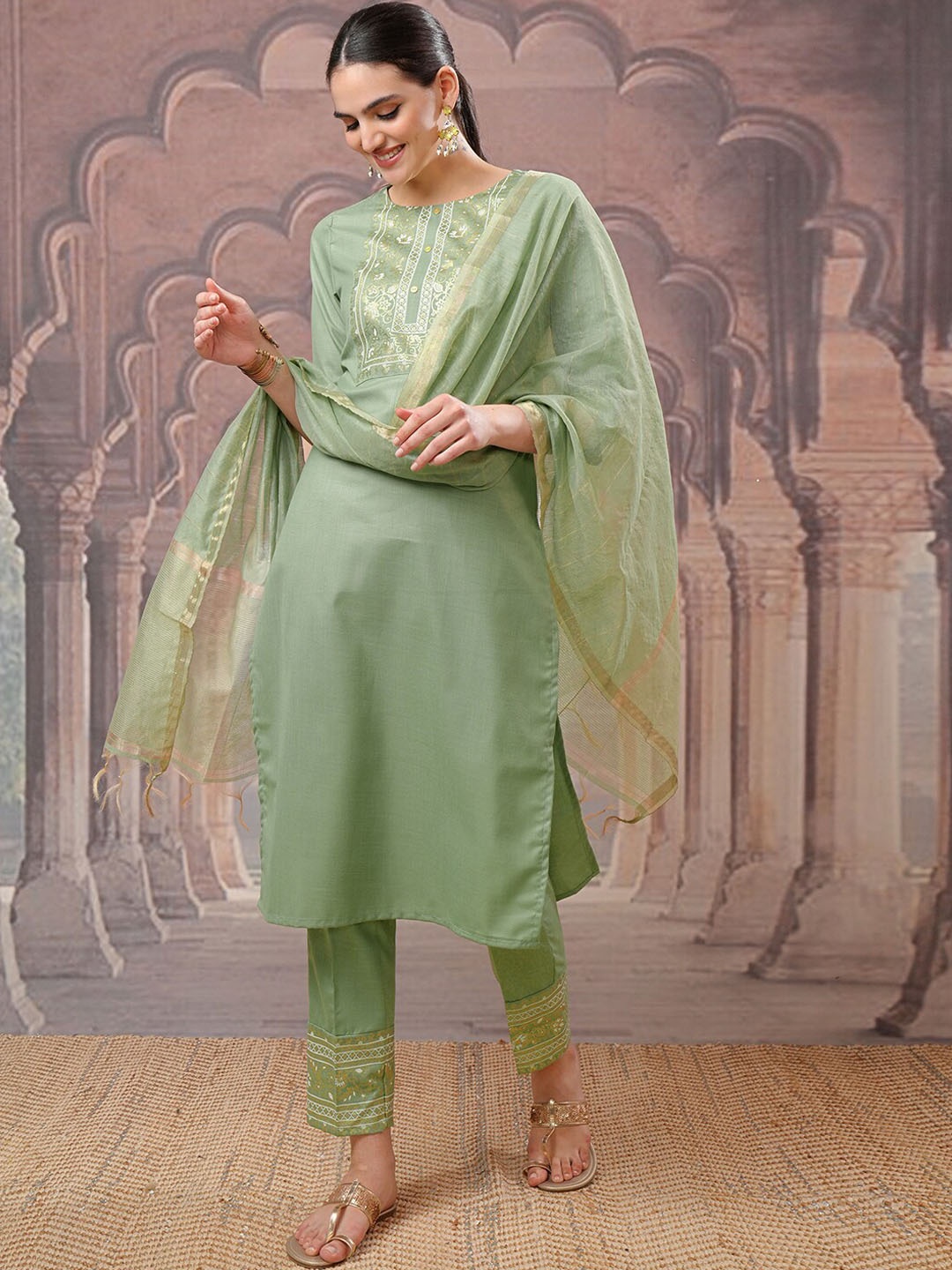 

Vishudh Ethnic Motifs Yoke Design Regular Kurta with Trouser & Dupatta, Green