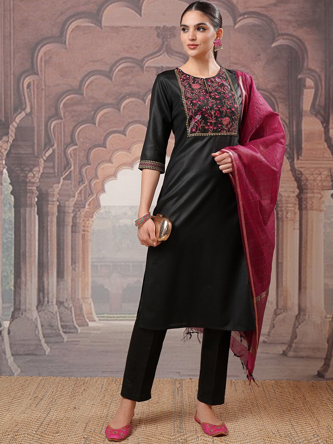 

Vishudh Black Yoke Design Thread Work Kurta with Trouser & Dupatta