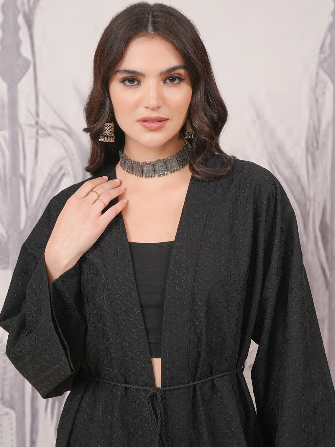 

Vishudh Self Design Schiffli Longline Shrug, Black