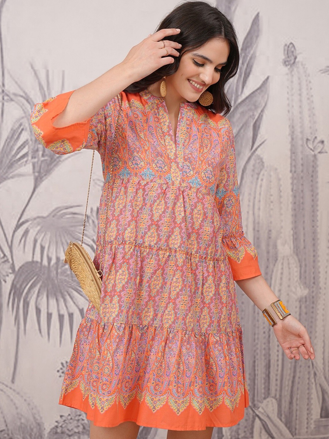 

Vishudh Ethnic Motifs Print Bell Sleeve A-Line Dress, Orange