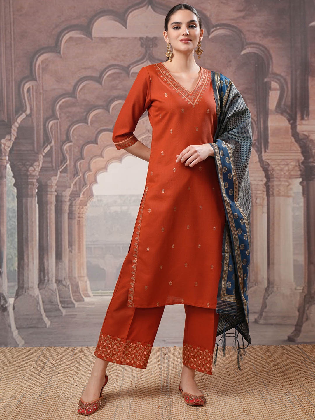 

Vishudh Ethnic Motifs Embroidered Regular Kurta with Palazzos & With Dupatta, Rust