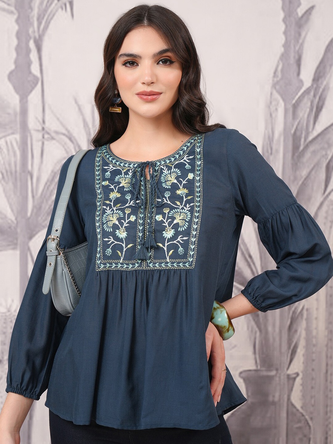 

Vishudh Tie-Up Neck Puff Sleeves A-Line Top, Navy blue