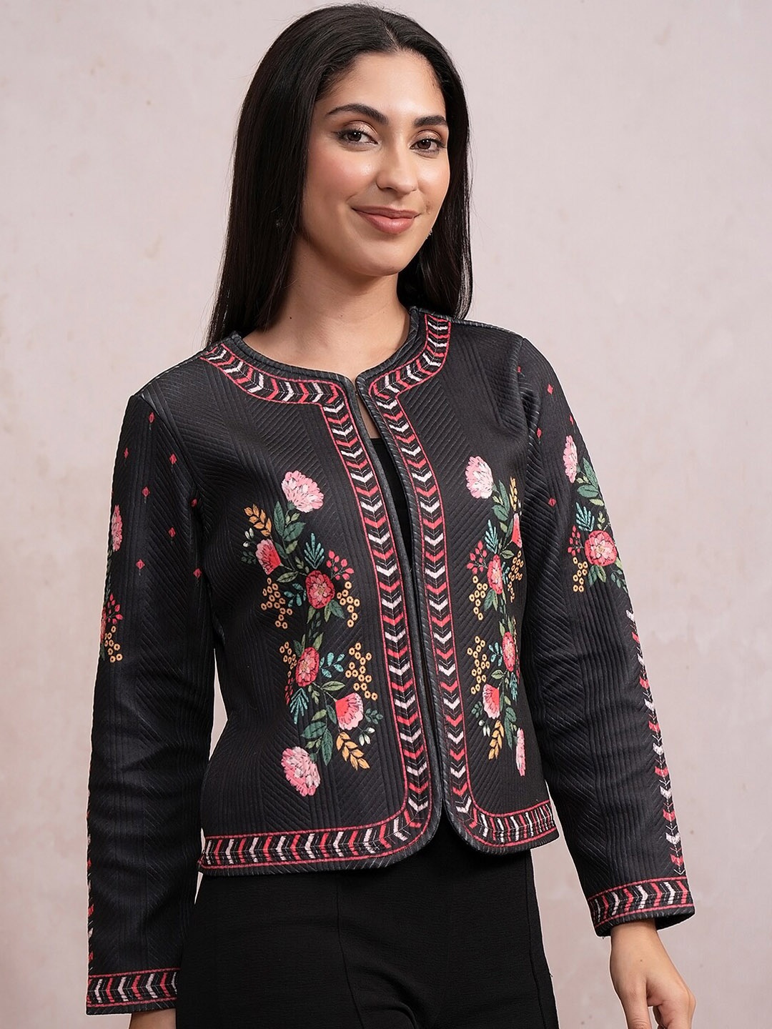 

Vishudh Floral Printed Collarless Crop Tailored Jacket, Black