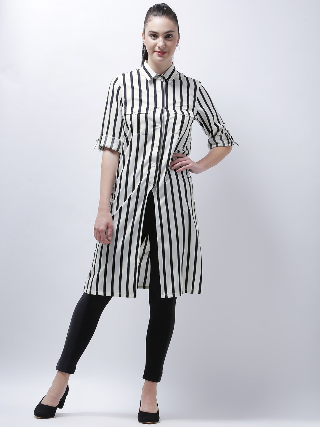 

Zastraa Women White Regular Fit Striped Casual Shirt