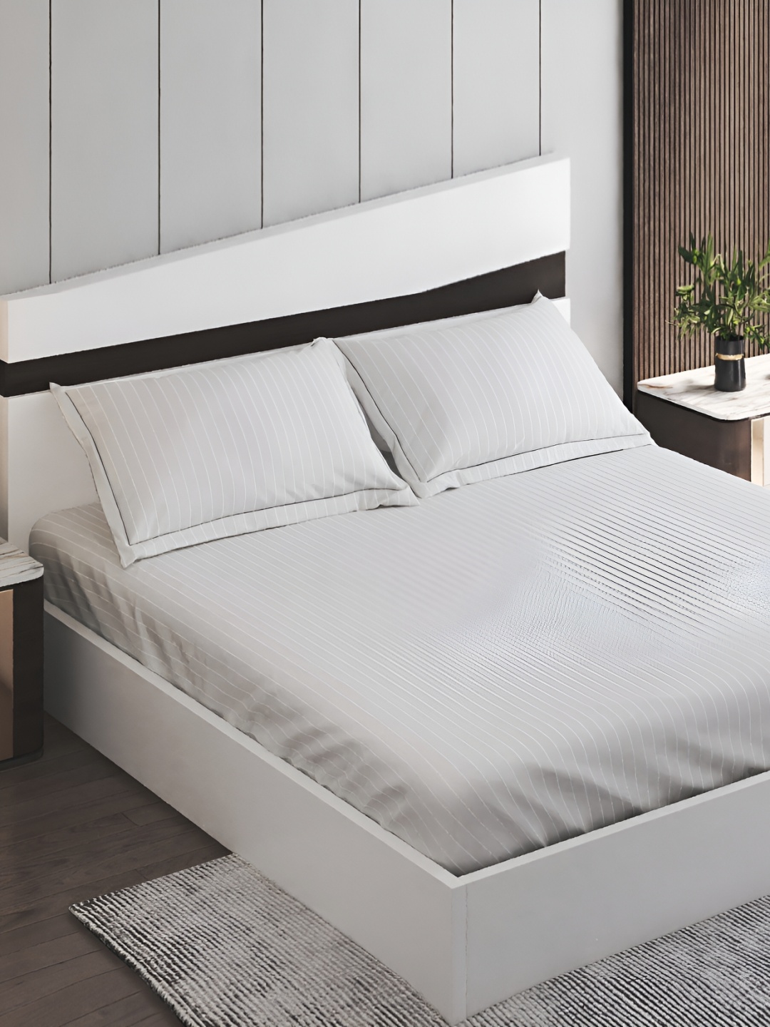 

Home Centre White Striped 210 TC Cotton King Bedsheet with 2 Pillow Covers