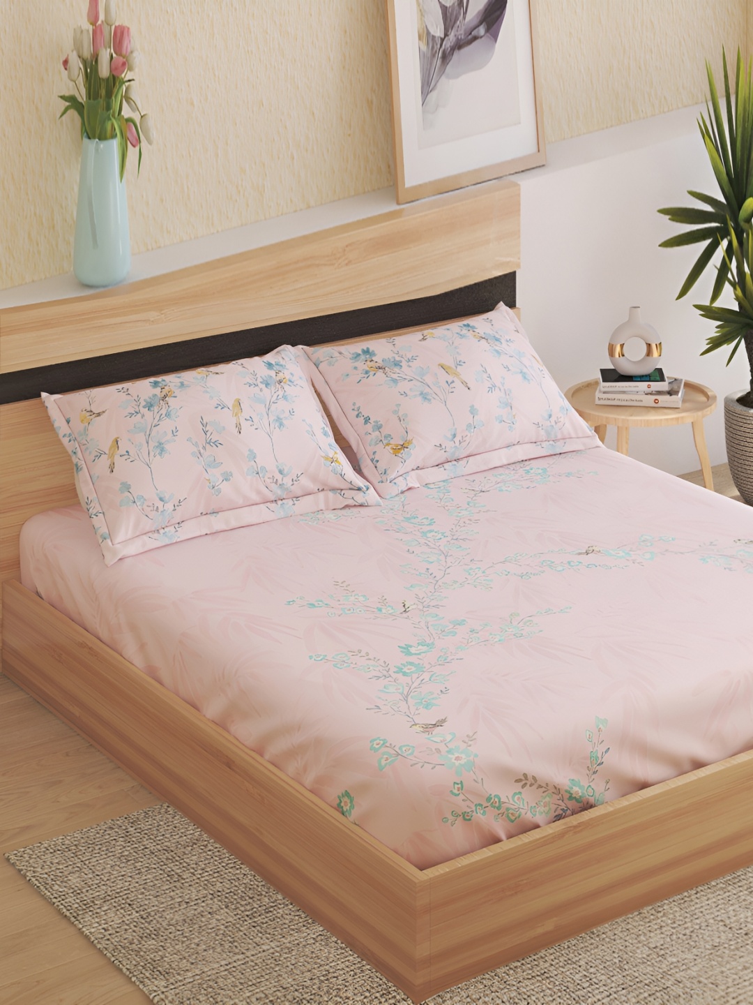 

Home Centre Pink & Blue Floral Cotton Fitted 144 TC King Bedsheet with 2 Pillow Covers
