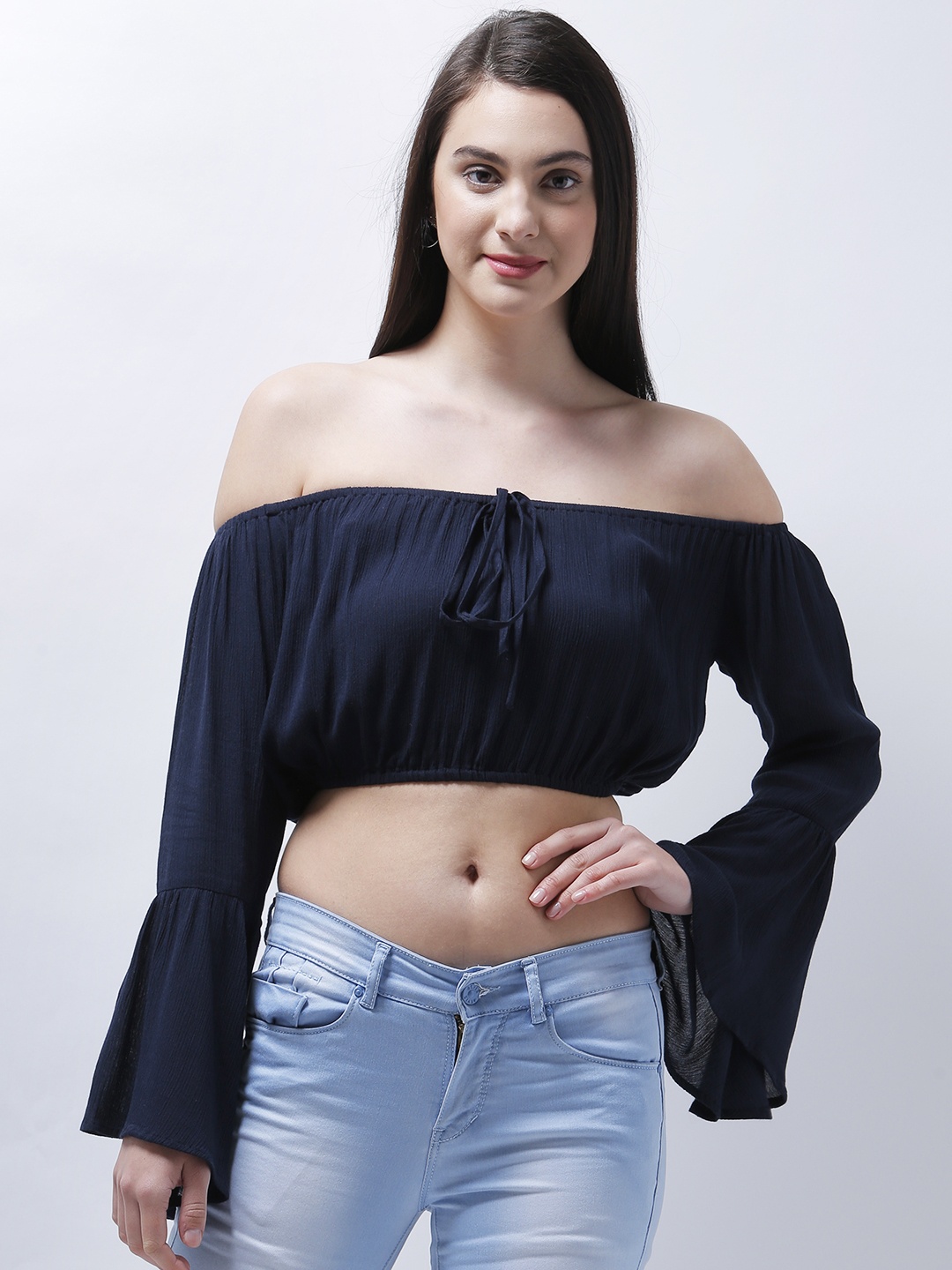 

Zastraa Women Navy Blue Solid Crop Bardot Top