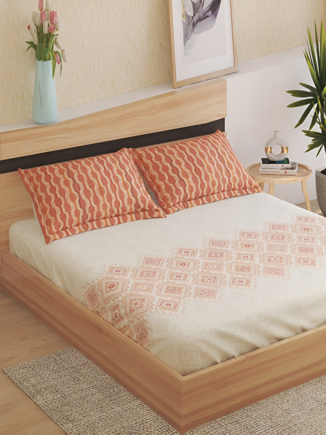 

Home Centre Brown & Cream Ethnic Motifs Cotton 250 TC King Bedsheet with 2 Pillow Covers