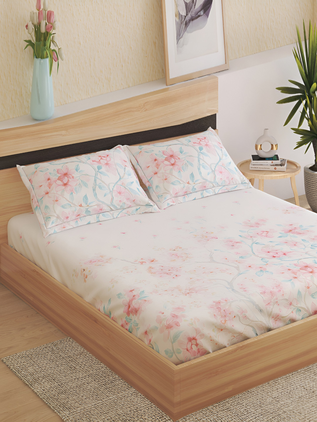 

Home Centre Pink & Blue Floral 144 TC Cotton King Bedsheet with 2 Pillow Covers